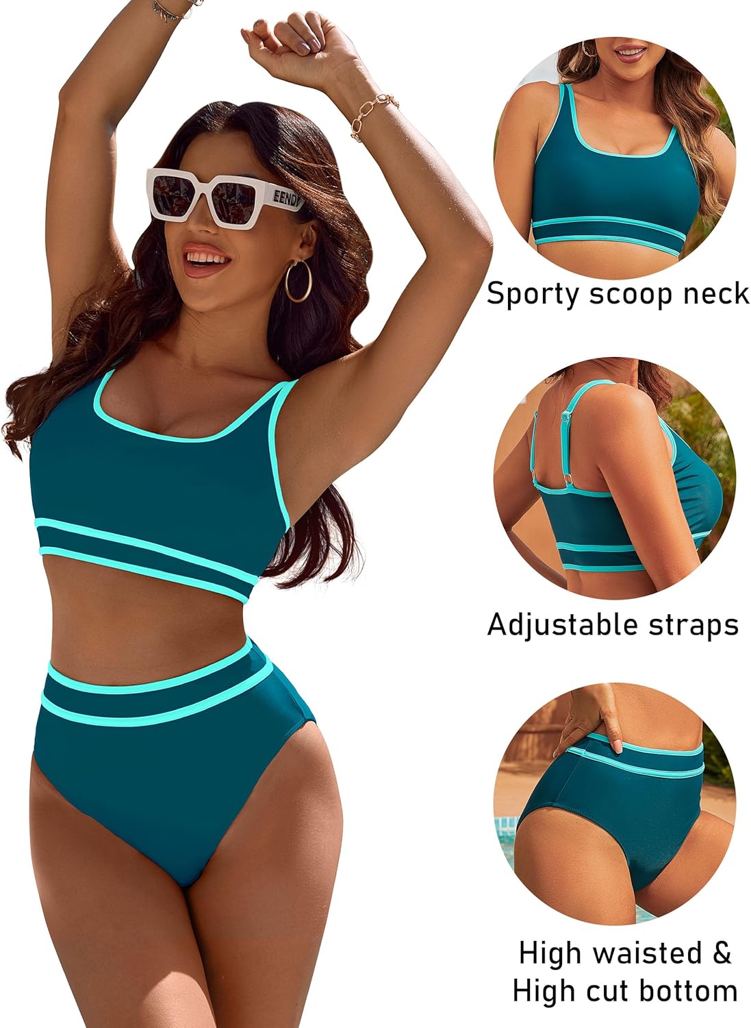 Savaviaswim - Women's High Waisted Bikini Sets Sporty Two Piece Swimsuits Color Block Cheeky High Cut Bathing Suits