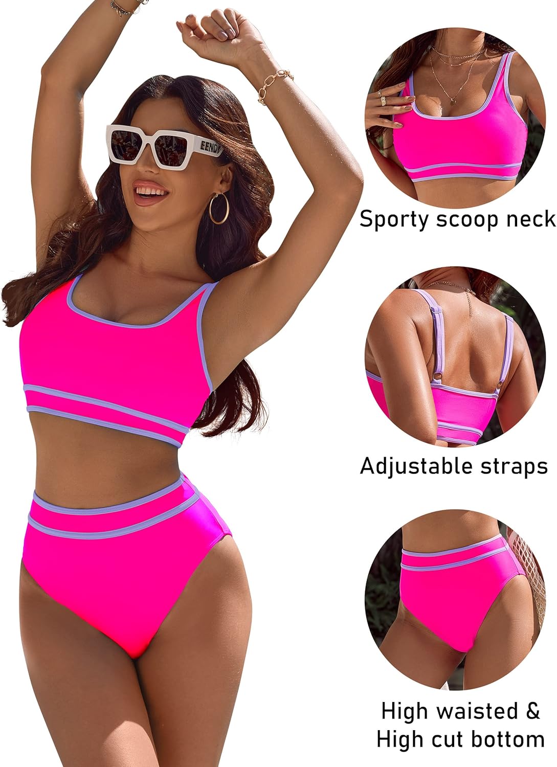 Savaviaswim - Women's High Waisted Bikini Sets Sporty Two Piece Swimsuits Color Block Cheeky High Cut Bathing Suits