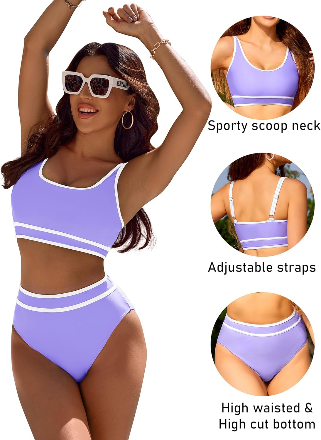 Savaviaswim - Women's High Waisted Bikini Sets Sporty Two Piece Swimsuits Color Block Cheeky High Cut Bathing Suits