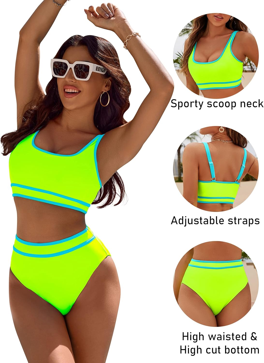 Savaviaswim - Women's High Waisted Bikini Sets Sporty Two Piece Swimsuits Color Block Cheeky High Cut Bathing Suits