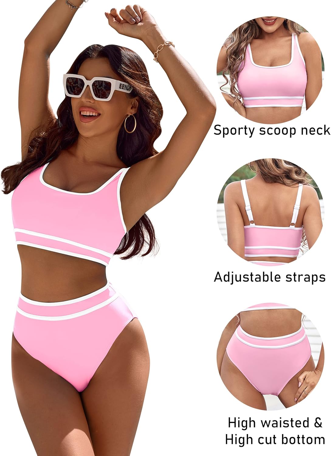 Savaviaswim - Women's High Waisted Bikini Sets Sporty Two Piece Swimsuits Color Block Cheeky High Cut Bathing Suits