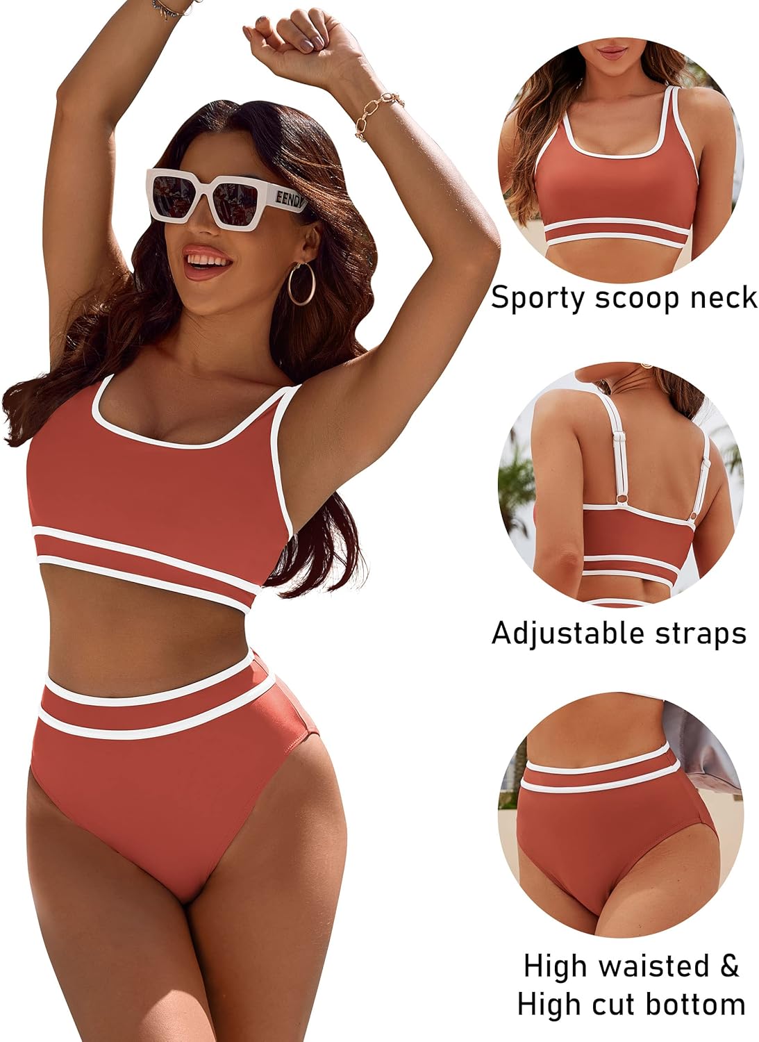 Savaviaswim - Women's High Waisted Bikini Sets Sporty Two Piece Swimsuits Color Block Cheeky High Cut Bathing Suits