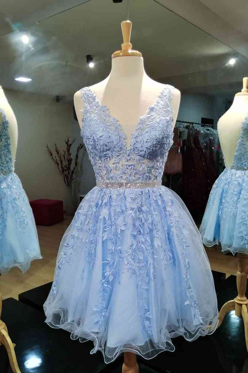 Blue Sleeveless Rolled Lace V Neck Short Prom Dresses Homecoming Dresses