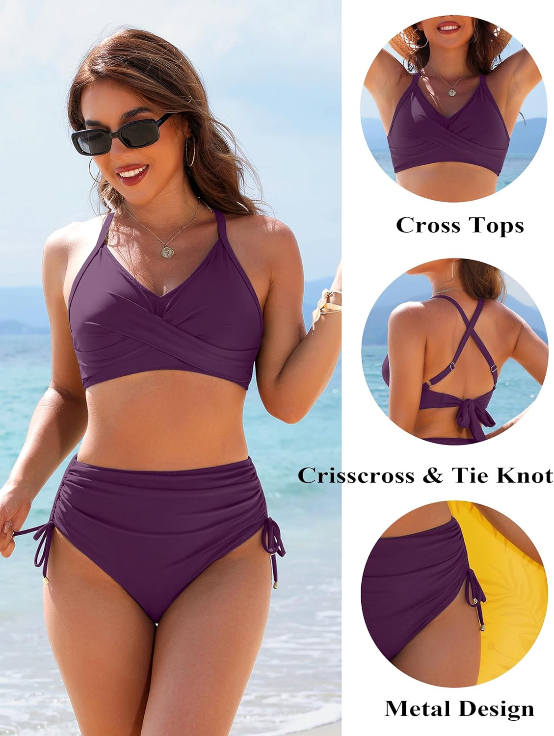Savaviaswim - Womens High Waisted Bikini Sets Drawstring Tummy Control Swimsuits Crisscross Tie Back Bathing Suit