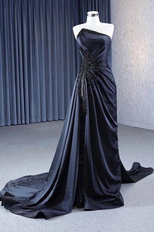 Elegant Black Evening Dress Column Satin A line Strapless Beading Pleated Prom Dresses