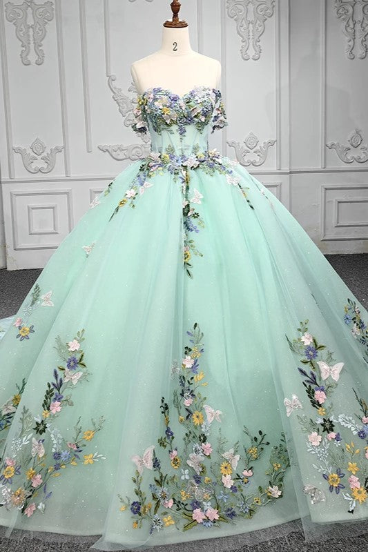 Elegant Sweetheart Ball Gown Strapless Sleeveless Quinceanera Dresses with Flower Appliques