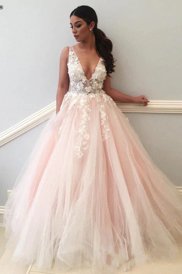 Elegant Deep V Neck Ball Gown Sleeveless Prom Dresses with Appliques