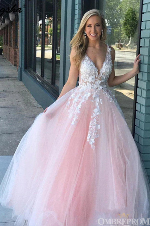 Elegant Deep V Neck Ball Gown Sleeveless Prom Dresses with Appliques