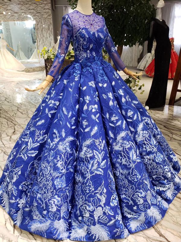 Elegant Round Neck Ball Gown with Beading Blue Prom Dresses