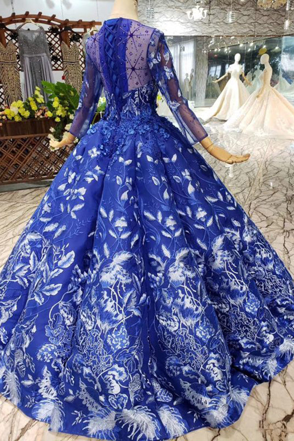 Elegant Round Neck Ball Gown with Beading Blue Prom Dresses