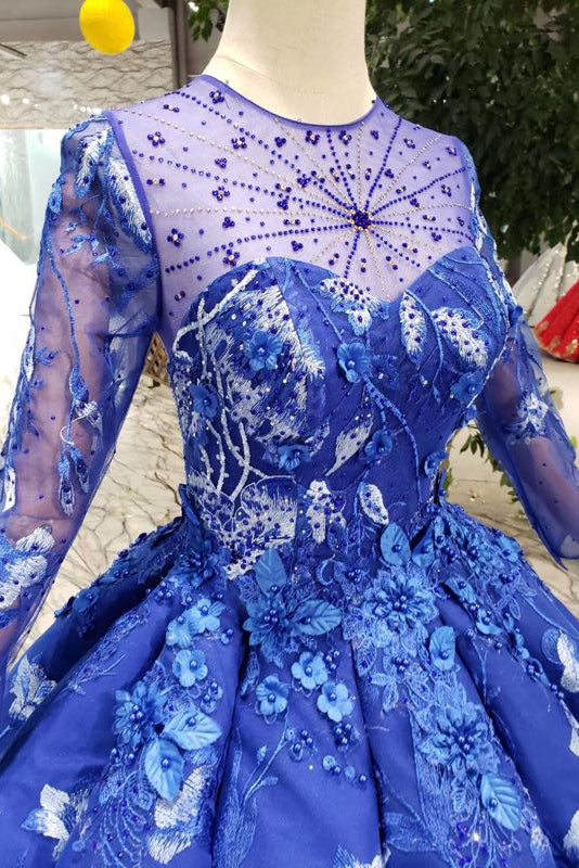 Elegant Round Neck Ball Gown with Beading Blue Prom Dresses