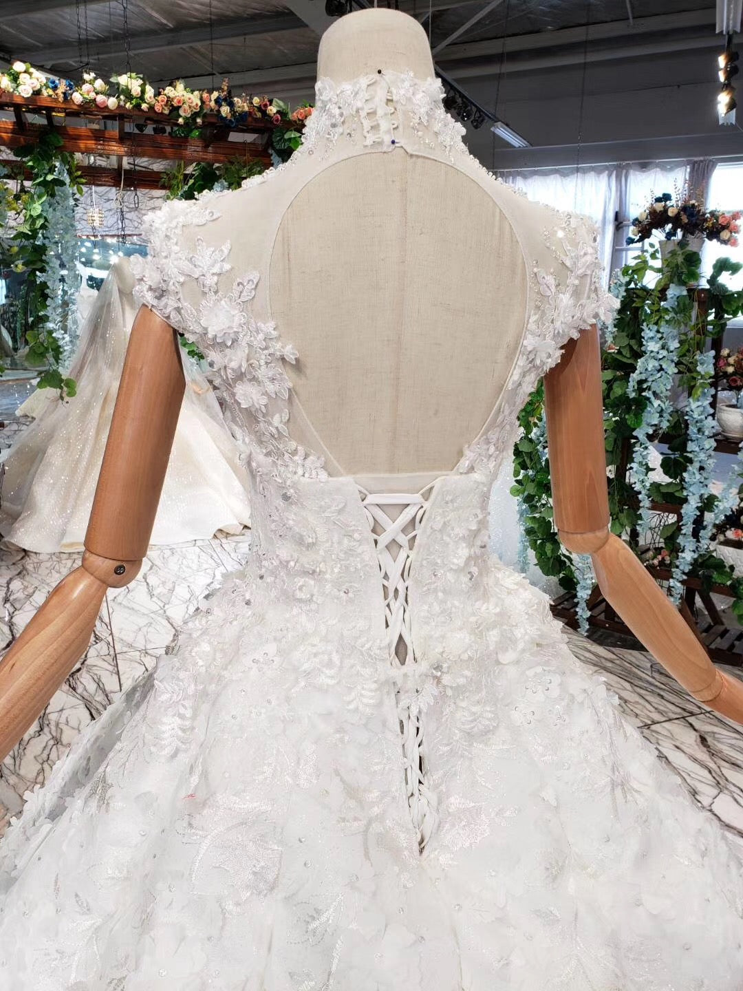 Gorgeous High Neck Ball Gown Cap Sleeves Wedding Dresses with Beading