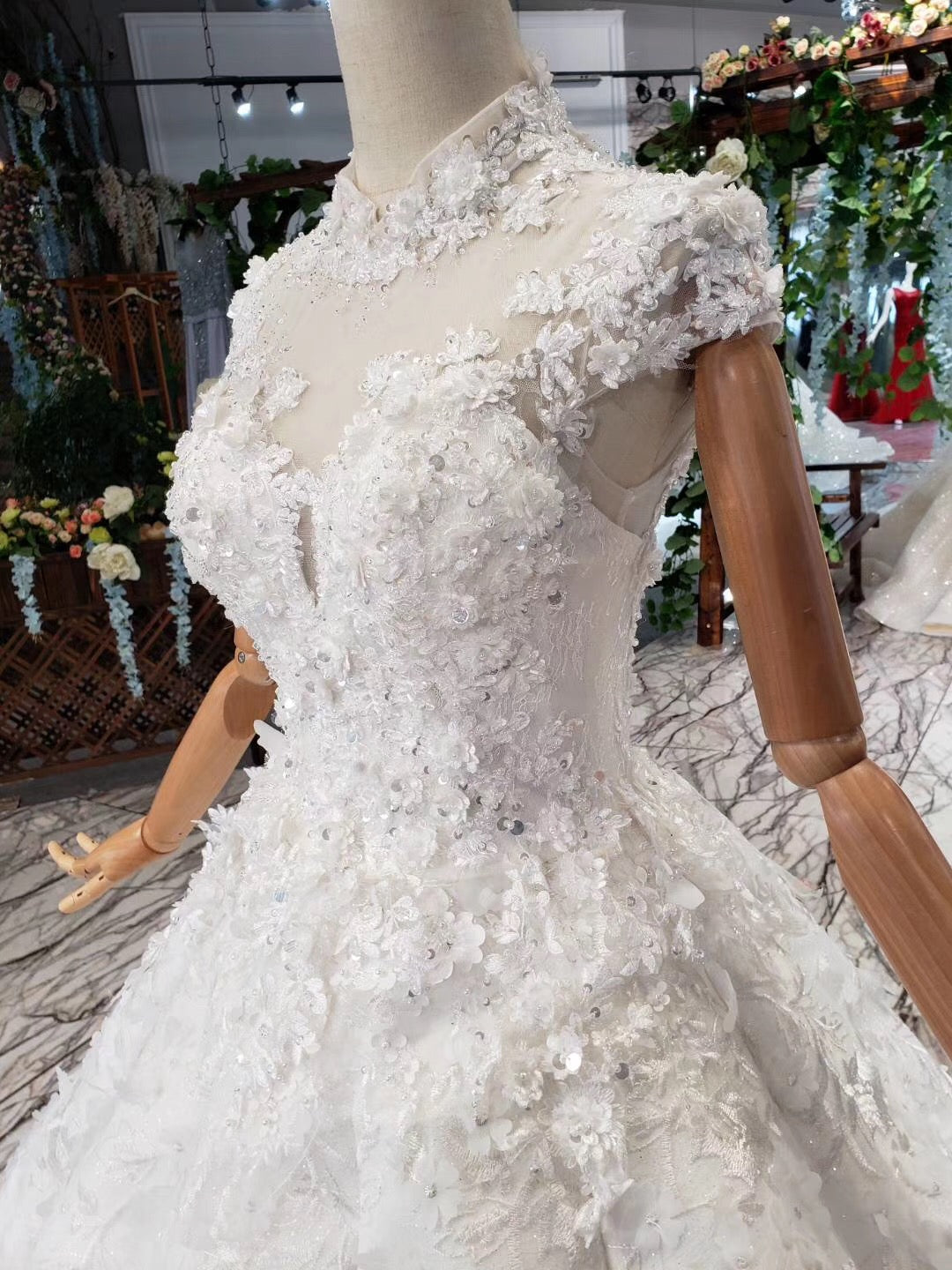 Gorgeous High Neck Ball Gown Cap Sleeves Wedding Dresses with Beading