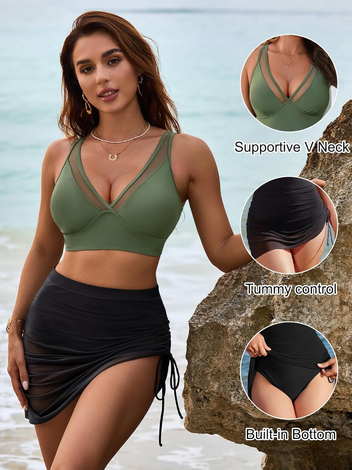 Savaviaswim - Womens Swim Skirt High Waisted Bikini Sets Tummy Control Swimsuits Mesh Sarong Wraps Bathing Suits