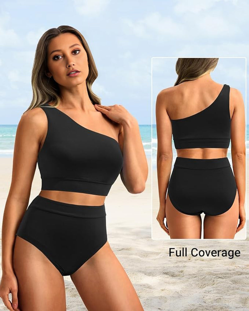 Savaviaswim - High-Waist One-Shoulder Tummy Control Bikini Set