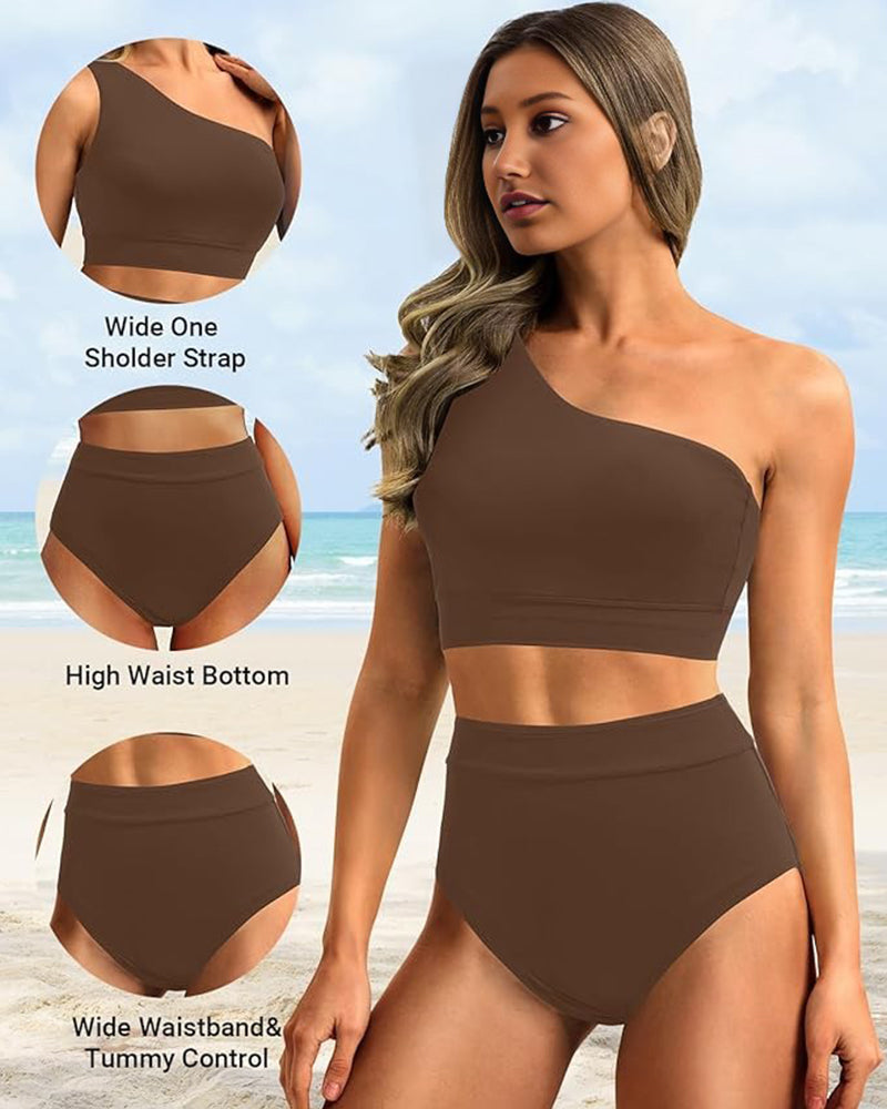Savaviaswim - High-Waist One-Shoulder Tummy Control Bikini Set