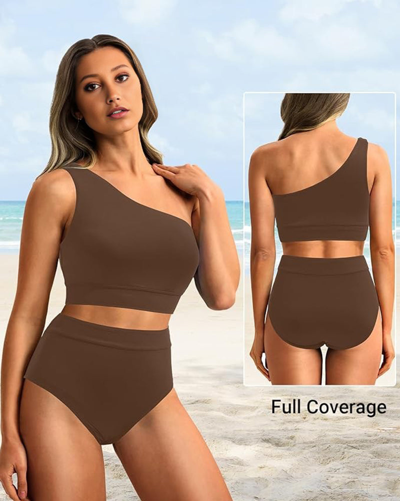 Savaviaswim - High-Waist One-Shoulder Tummy Control Bikini Set
