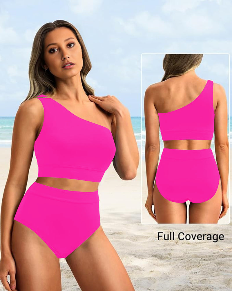 Savaviaswim - High-Waist One-Shoulder Tummy Control Bikini Set