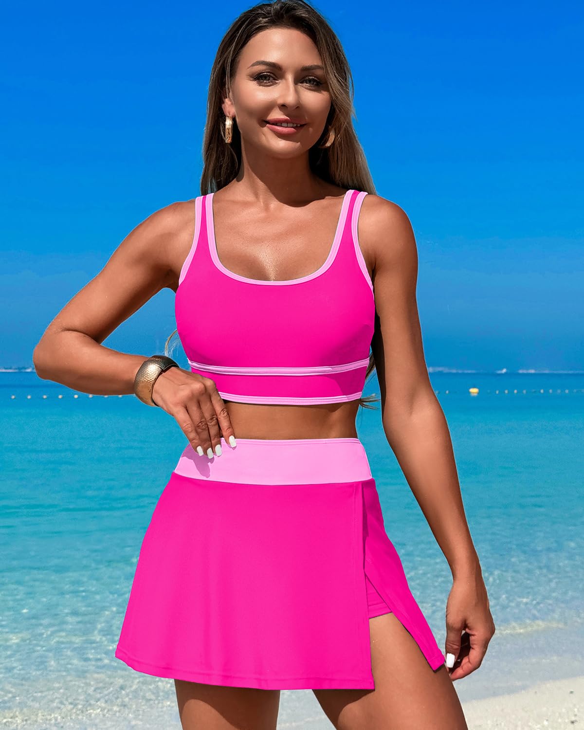 Savaviaswim - High Waisted Bikini Sets Tummy Control Swim Skirt Two Piece Swim Suit Tummy Control Color Block Bathing Suit