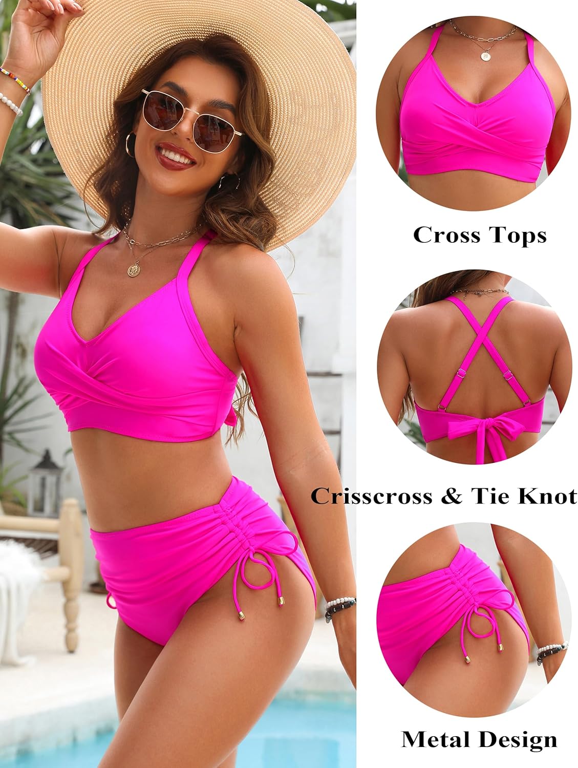 Savaviaswim - Womens High Waisted Bikini Sets Drawstring Tummy Control Swimsuits Crisscross Tie Back Bathing Suit