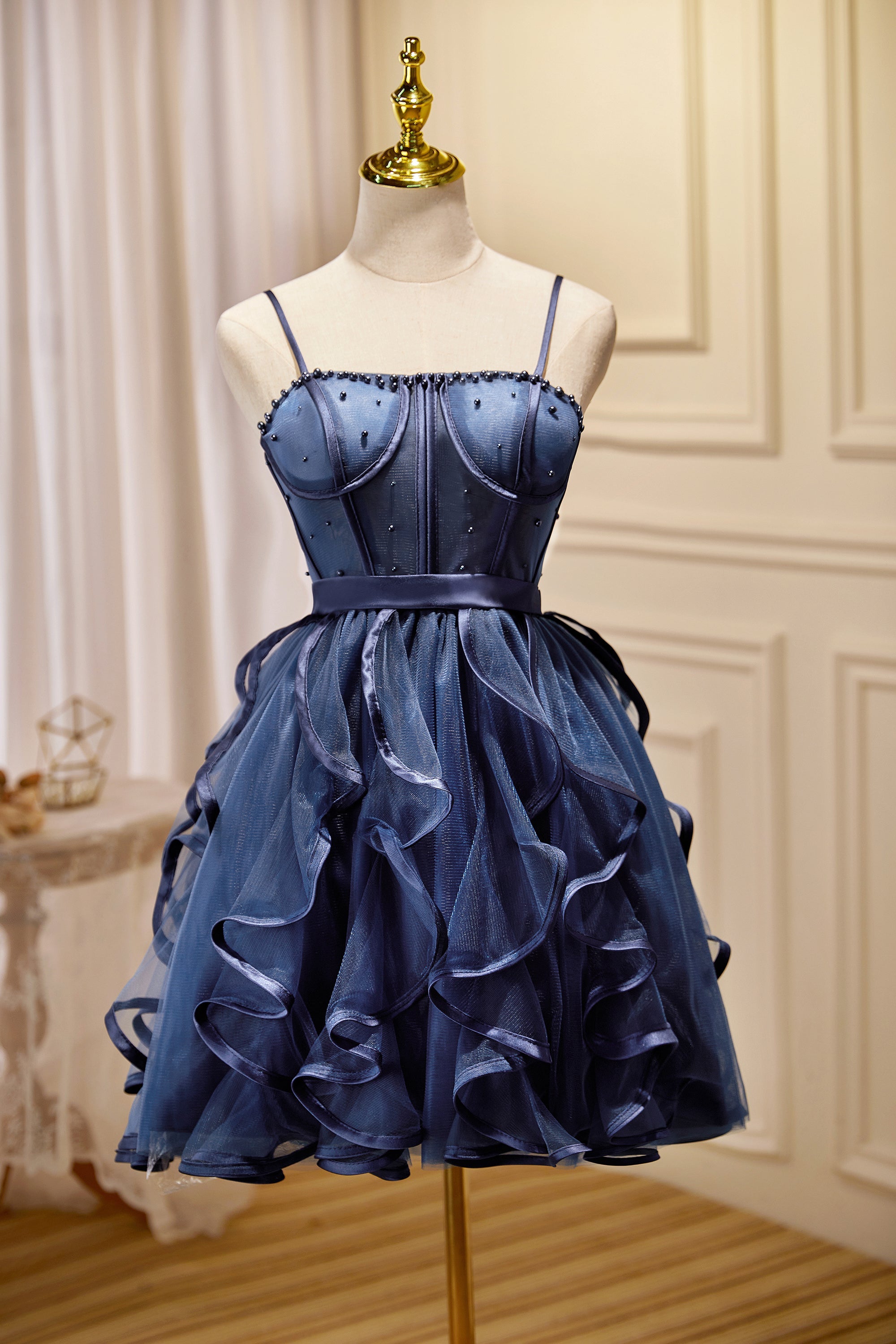 Navy Blue Spaghetti Straps Ball Gown Tulle Short/Mini Homecoming Dress Navy Blue Spaghetti Straps Ball Gown Tulle Short/Mini Homecoming Dress