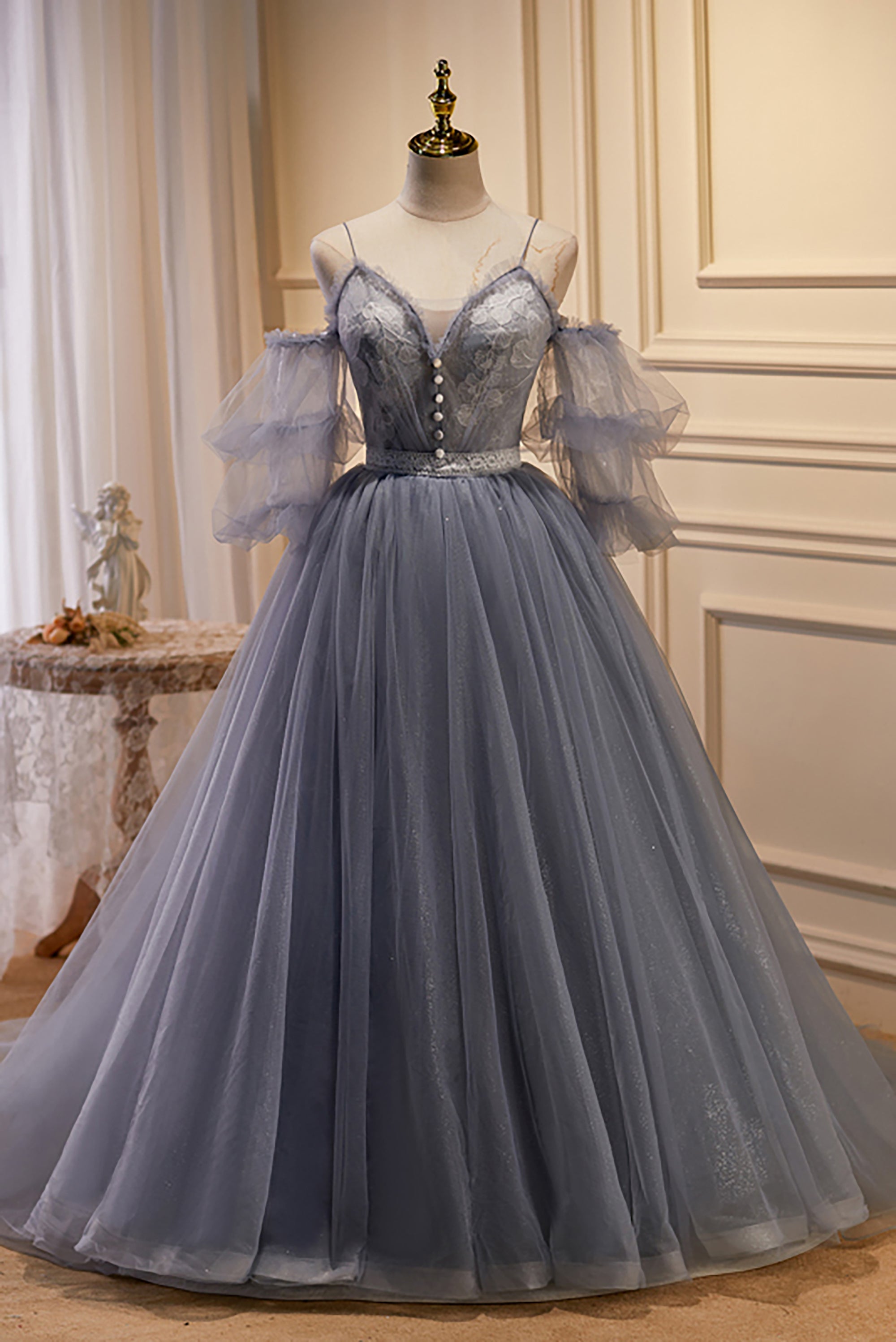 Chic Grey with Sleeves A Line Tulle Ball Gown Prom Dresses Chic Grey with Sleeves A Line Tulle Ball Gown Prom Dresses