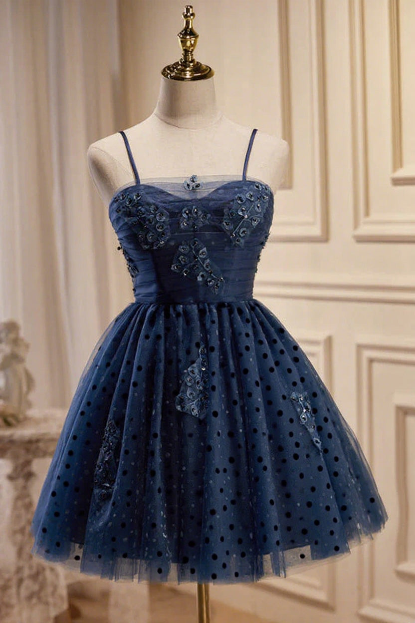 Dark Navy Spaghetti Straps Tulle Short Homecoming Dresses