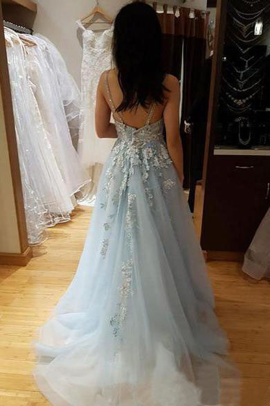 Light Blue V Neck Tule Backless Beading Spaghetti Straps Prom Dresses