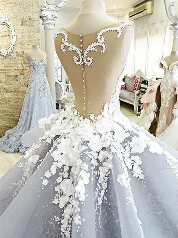 Luxury Sleeveless Ball Gown Princess Wedding Dresses with Flower Applique
