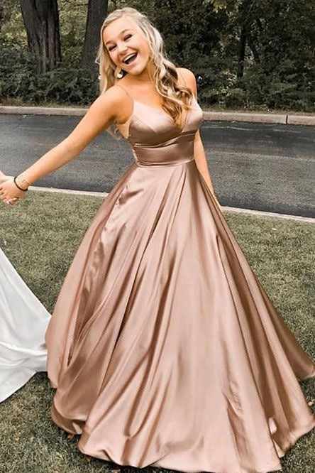 Pretty Spaghetti Straps Long A-line Prom Dresses V-neck Simple Prom Gowns Pretty Spaghetti Straps Long A-line Prom Dresses V-neck Simple Prom Gowns