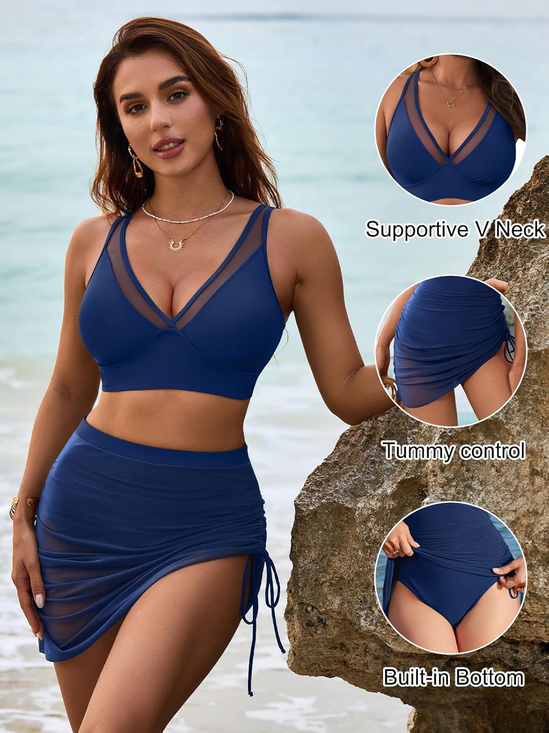 Savaviaswim - Womens Swim Skirt High Waisted Bikini Sets Tummy Control Swimsuits Mesh Sarong Wraps Bathing Suits