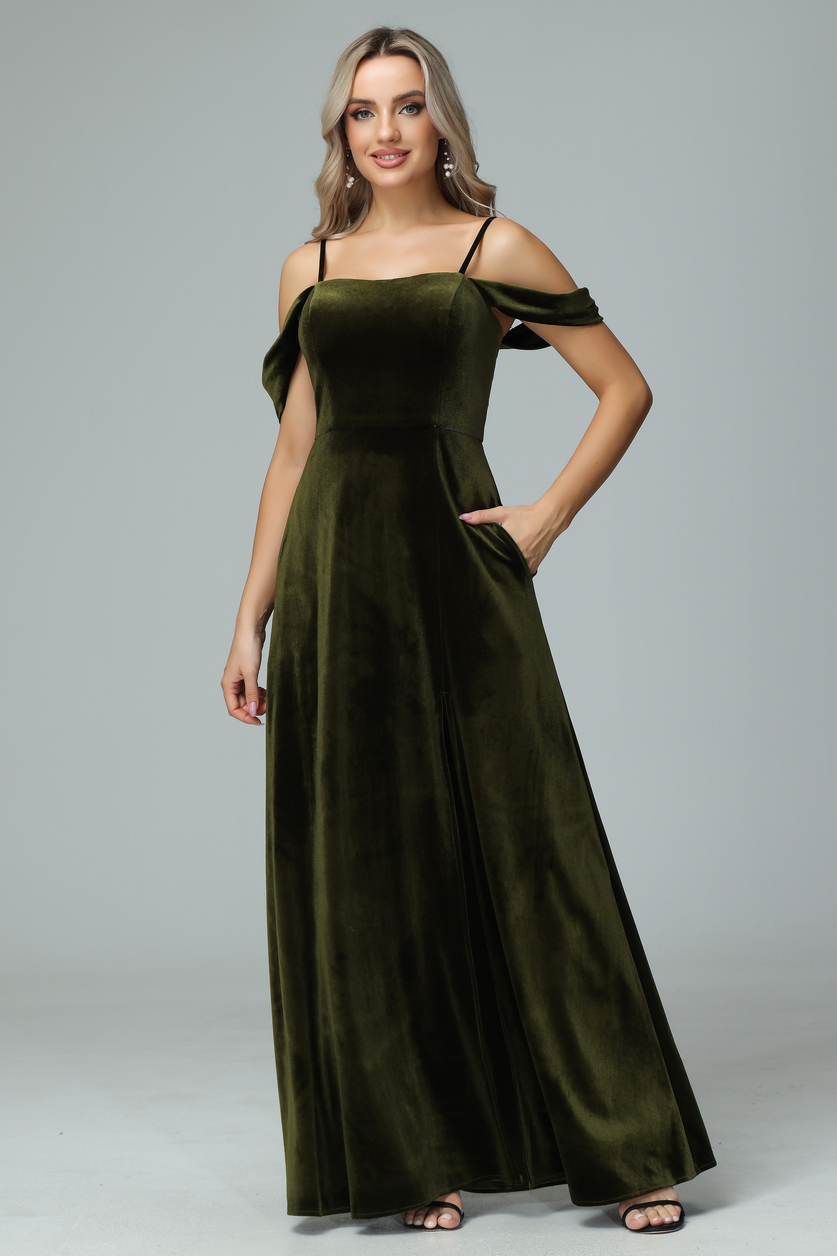 green velvet bridesmaid dresses uk BABARONI Velvet Olive Green Bridesmaid Dresses A-line V-neck Floor-length Flutter Sleeves BABARONI UK