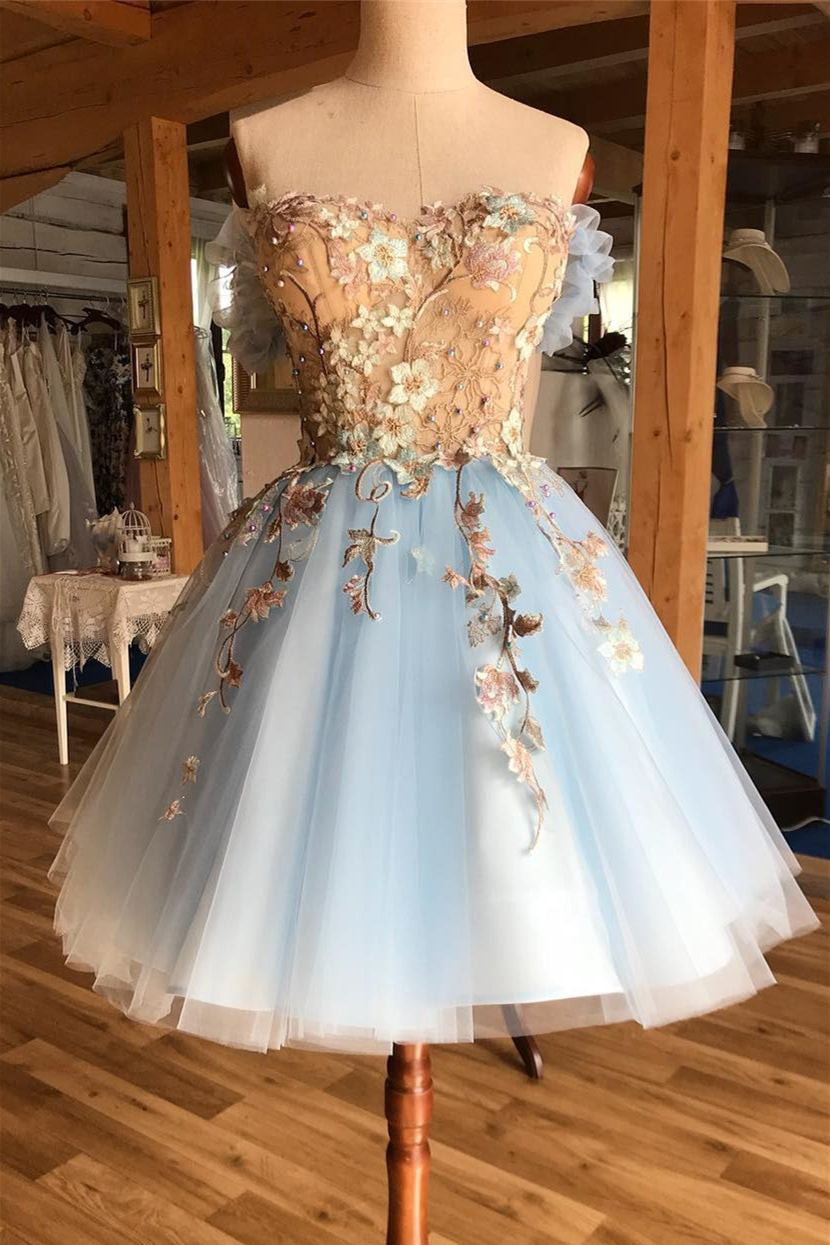 Pretty Lace Up Appliques Short Light Blue Homecoming Dresses Pretty Lace Up Appliques Short Light Blue Homecoming Dresses