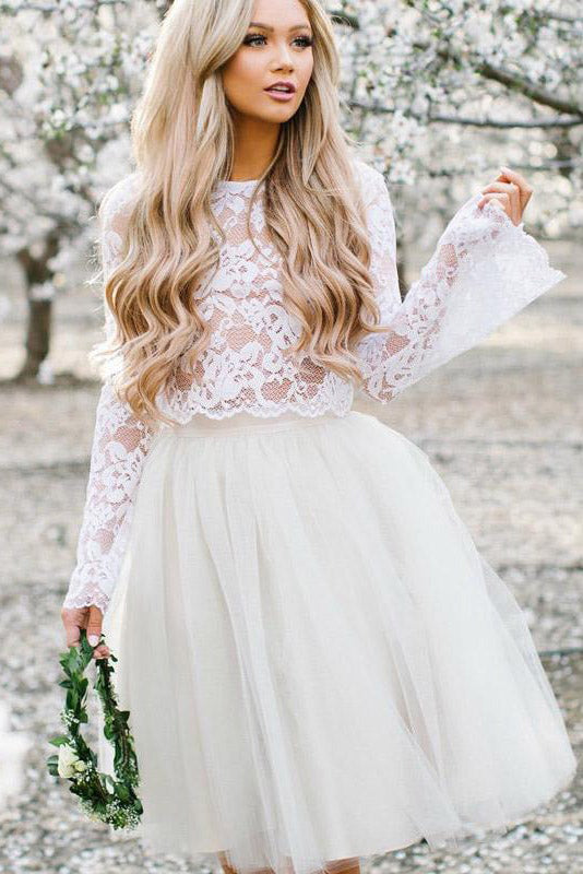 Ivory Two Piece Long Sleeves A Line Tulle Homecoming Dresses Ivory Two Piece Long Sleeves A Line Tulle Homecoming Dresses