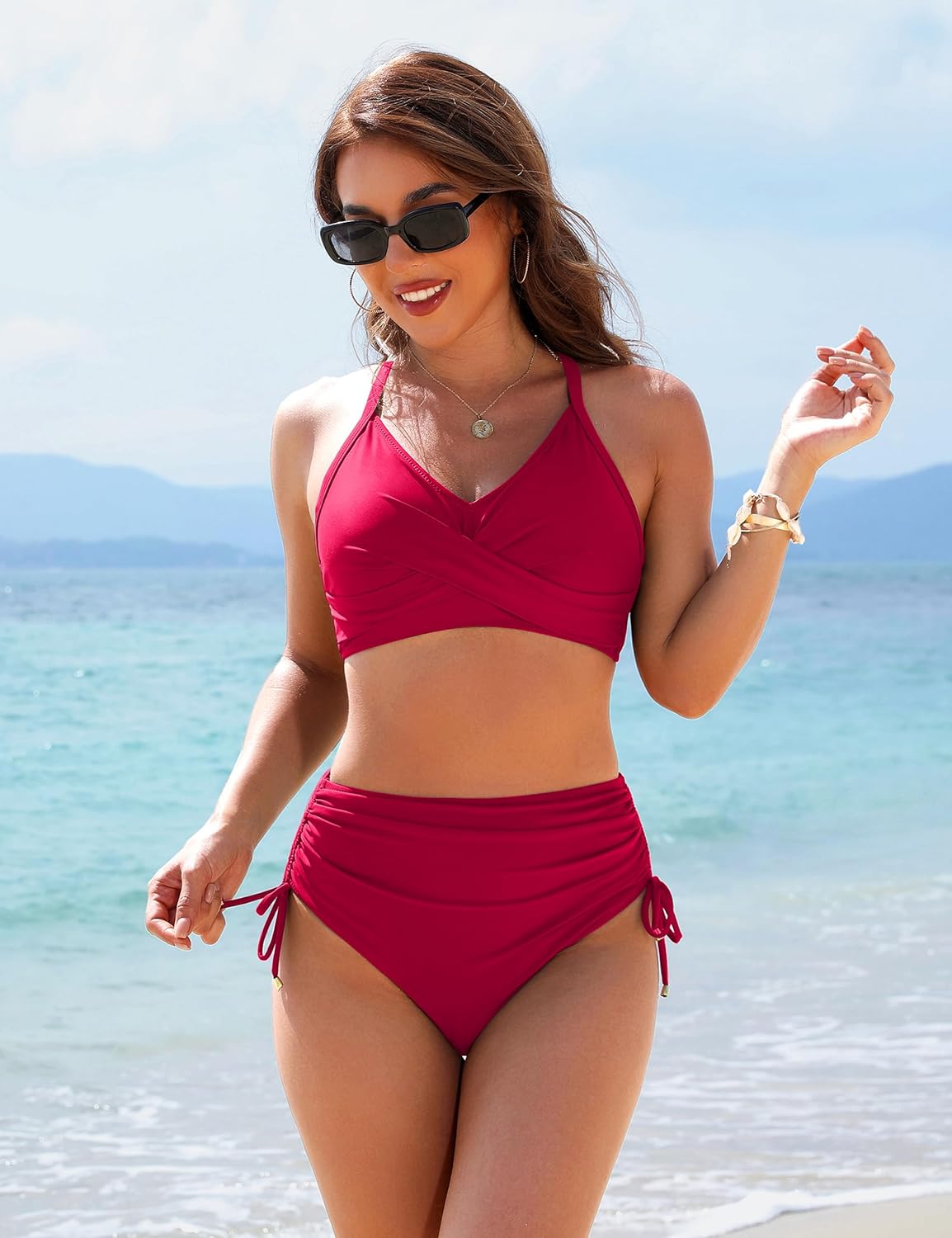 Savaviaswim - Womens High Waisted Bikini Sets Drawstring Tummy Control Swimsuits Crisscross Tie Back Bathing Suit
