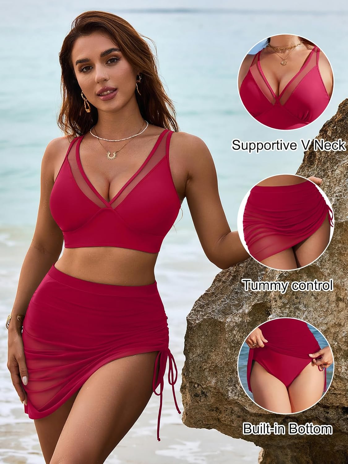 Savaviaswim - Womens Swim Skirt High Waisted Bikini Sets Tummy Control Swimsuits Mesh Sarong Wraps Bathing Suits