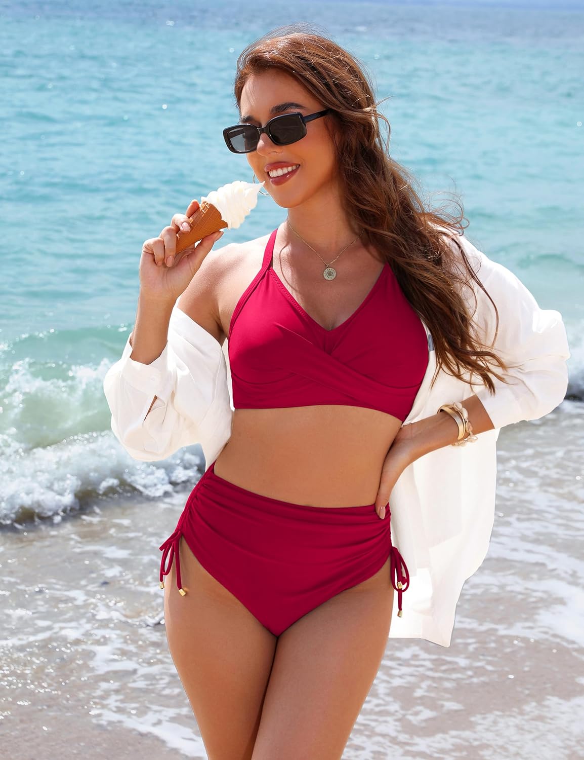 Savaviaswim - Womens High Waisted Bikini Sets Drawstring Tummy Control Swimsuits Crisscross Tie Back Bathing Suit