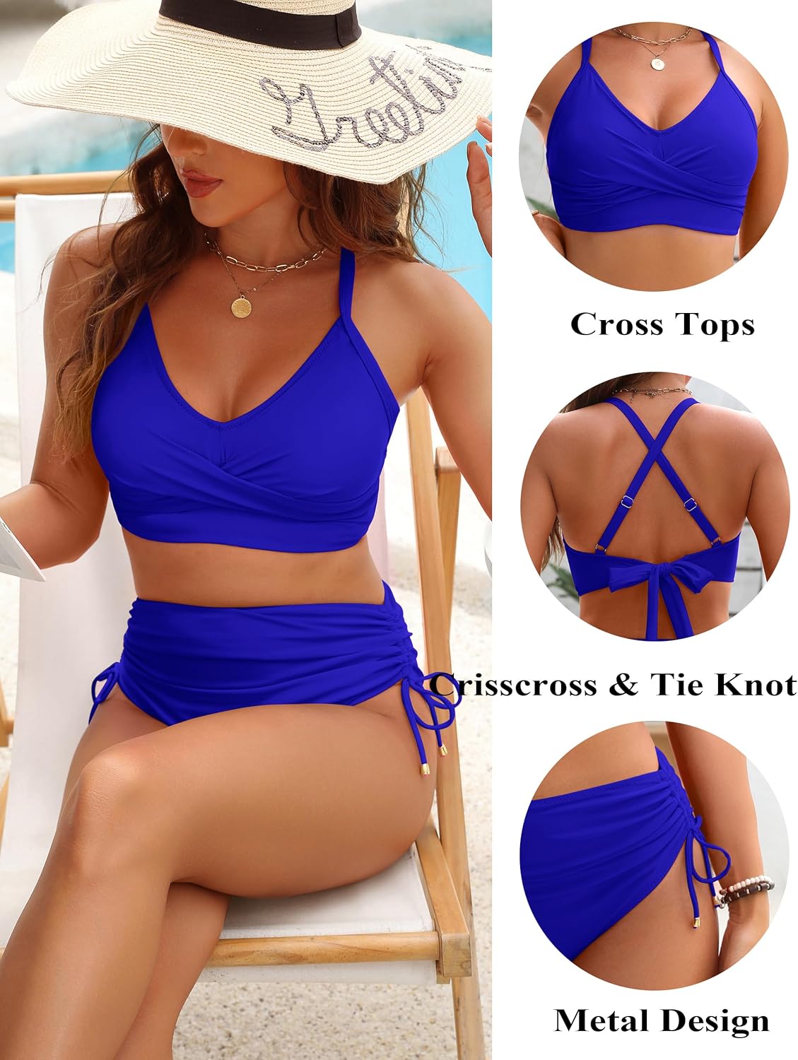 Savaviaswim - Womens High Waisted Bikini Sets Drawstring Tummy Control Swimsuits Crisscross Tie Back Bathing Suit