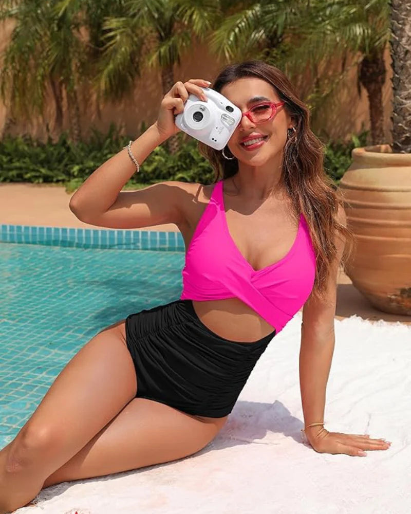 Savaviaswim - Womens One Piece Swimsuits Push Up Tummy Control Bathing Suits V Neck Cutout Modest Swimwear