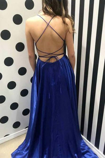 Casual Red Simple Spaghetti Straps Backless Sweep Train Backless Prom Dresses With Pockets