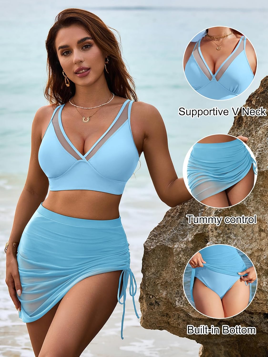 Savaviaswim - Womens Swim Skirt High Waisted Bikini Sets Tummy Control Swimsuits Mesh Sarong Wraps Bathing Suits