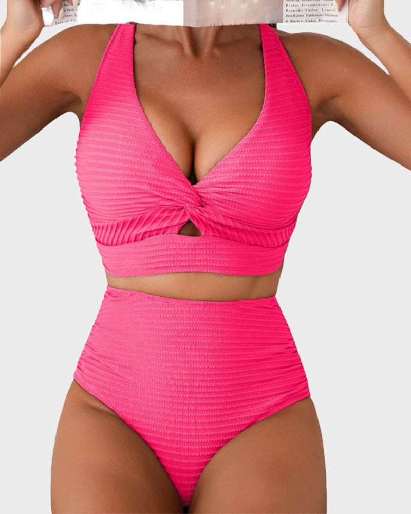 Savaviaswim - Textured Knot-Front High-Waisted Bikini Set