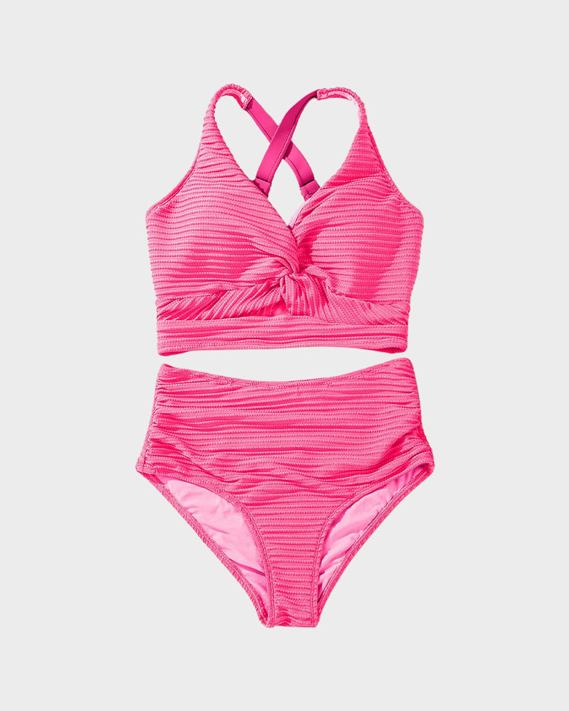 Savaviaswim - Textured Knot-Front High-Waisted Bikini Set