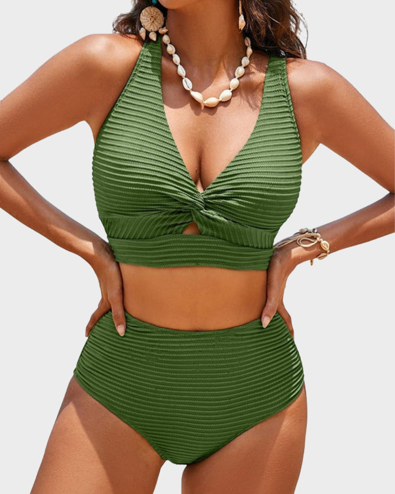 Savaviaswim - Textured Knot-Front High-Waisted Bikini Set