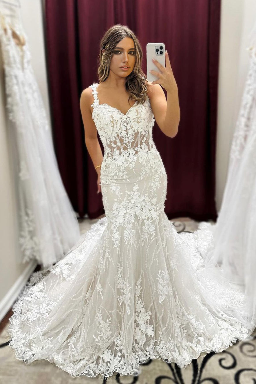 Unique Straps Ivory Lace Appliques Mermaid Long Wedding Dress