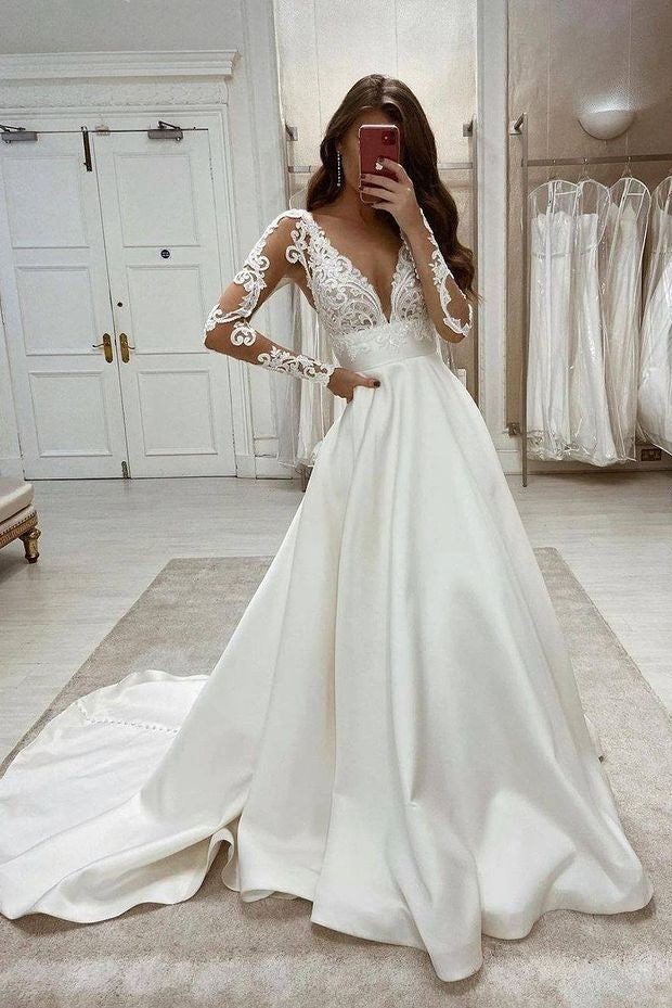 Formal Long Sleeves V-neck Lace Satin A-line Wedding Dresses Formal Long Sleeves V-neck Lace Satin A-line Wedding Dresses