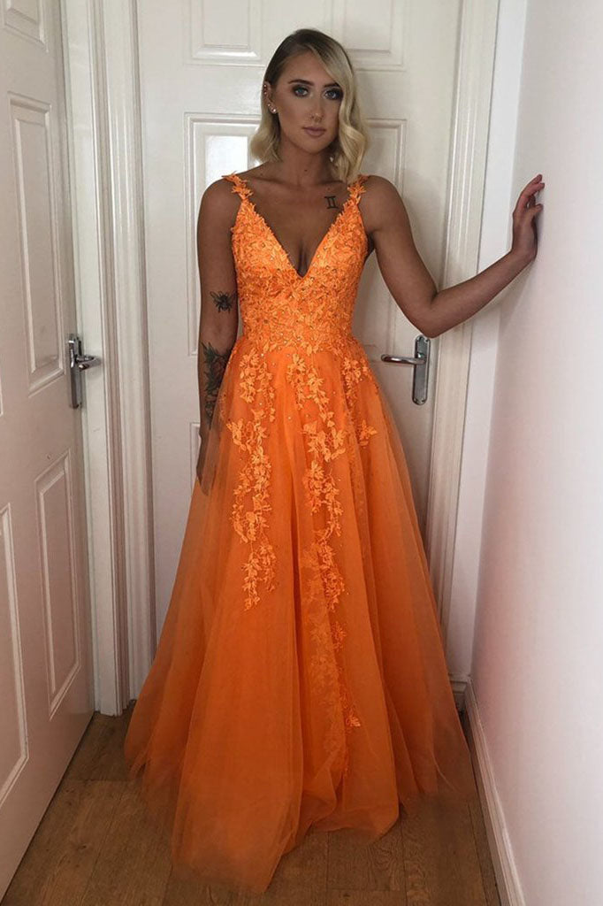 A Line V Neck Backless Lace Appliques Formal Dresses Orange Prom Dresses A Line V Neck Backless Lace Appliques Formal Dresses Orange Prom Dresses