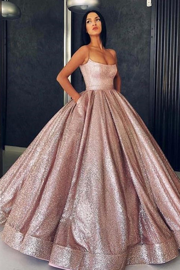 Sparkly Spaghetti Straps Sleeveless A Line Ball Gown Prom Dresses with Pocket Sparkly Spaghetti Straps Sleeveless A Line Ball Gown Prom Dresses with Pocket