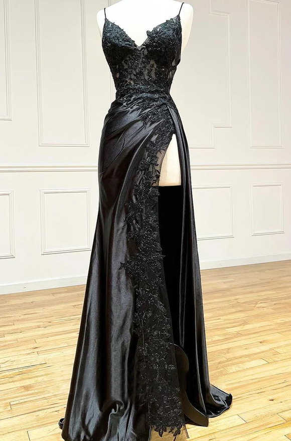 black lace prom dress uk Black Spaghetti Straps Lace Appliques Prom Dress with Slit