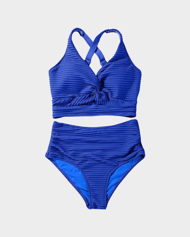 Savaviaswim - Textured Knot-Front High-Waisted Bikini Set